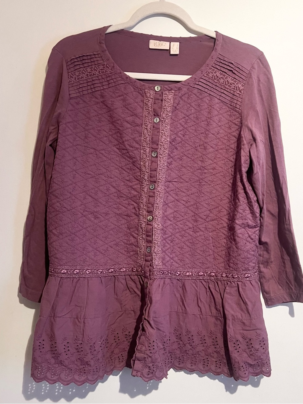 Lace-Trim Quilted Button-Down Tunic Top - Purple